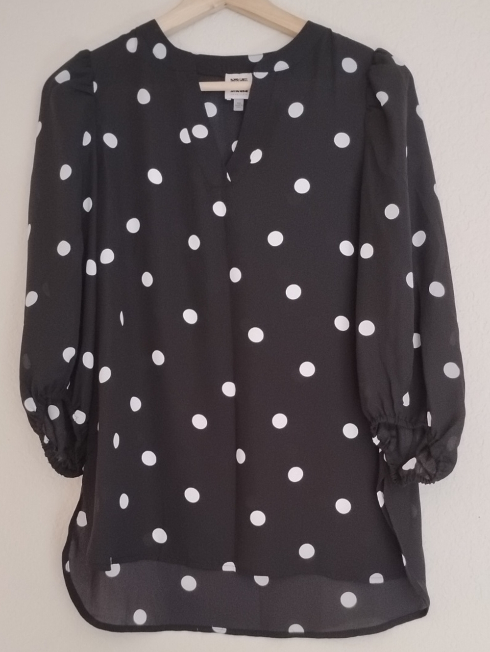 Anne Klein Sheer Black Polka Dot Blouse with White Dots